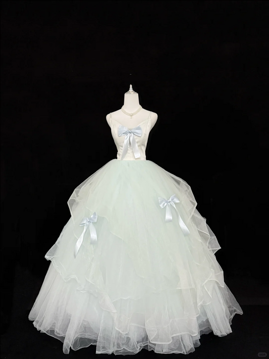 Light Blue Spaghetti Strap Cinched Waist Voluminous Skirt Long Romantic Dress, Wedding Gown gh7883