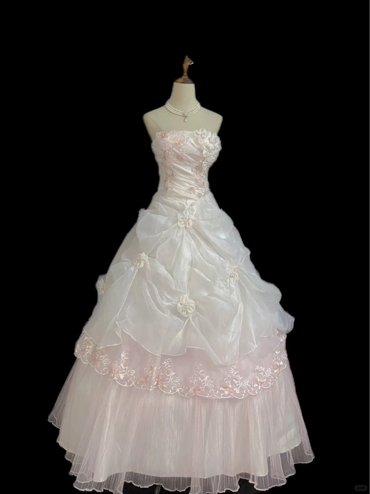 Blush Pink Strapless Long Romantic Wedding Dress with Floral Details, Cinched Waist, Voluminous Princess Skirt gh8332