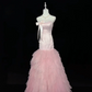 Blush Pink Satin Strapless Cinched Waist Fitted Hip Multi-Layer Skirt Long Romantic Dress, Wedding Gown gh7971