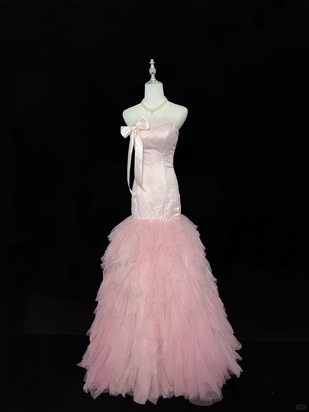 Blush Pink Satin Strapless Cinched Waist Fitted Hip Multi-Layer Skirt Long Romantic Dress, Wedding Gown gh7971