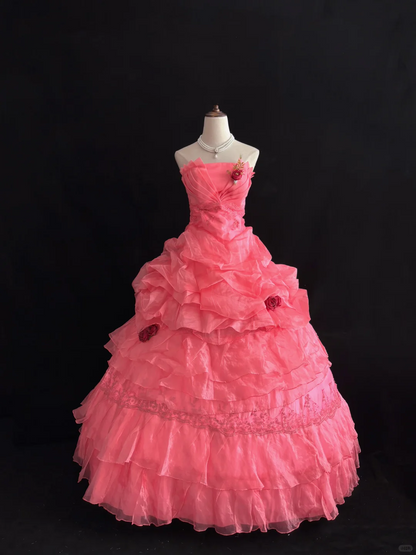 Watermelon Pink Strapless Romantic Gown, Cinched Waist, Fluffy Tiered Cake Skirt, Wedding Dress & Bridal Gown gh8191