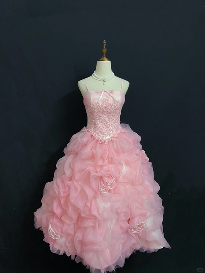 Romantic Gown With Pink Spaghetti Straps, Cinched Waist & Lovely Voluminous Tiered Cake Skirt, Wedding Dress & Bridal Gown gh8282