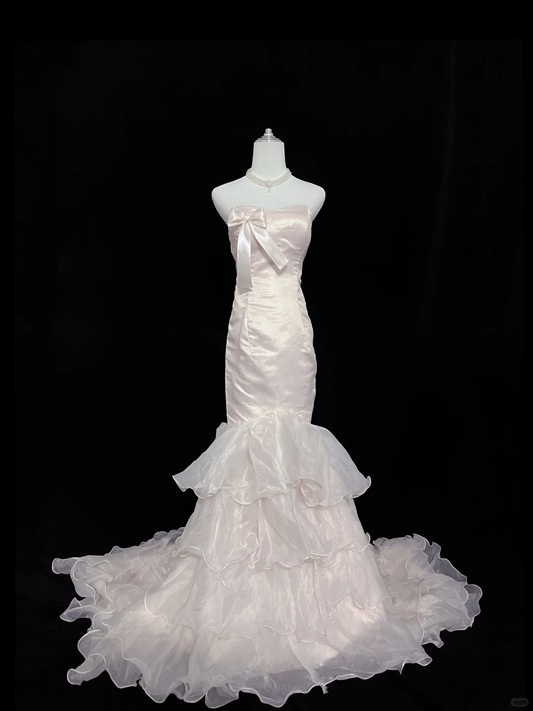 Blush Pink Satin Strapless, Cinched Waist, Slim Fit Mermaid Silhouette Sexy Long Romantic Dress, Wedding Gown gh8067