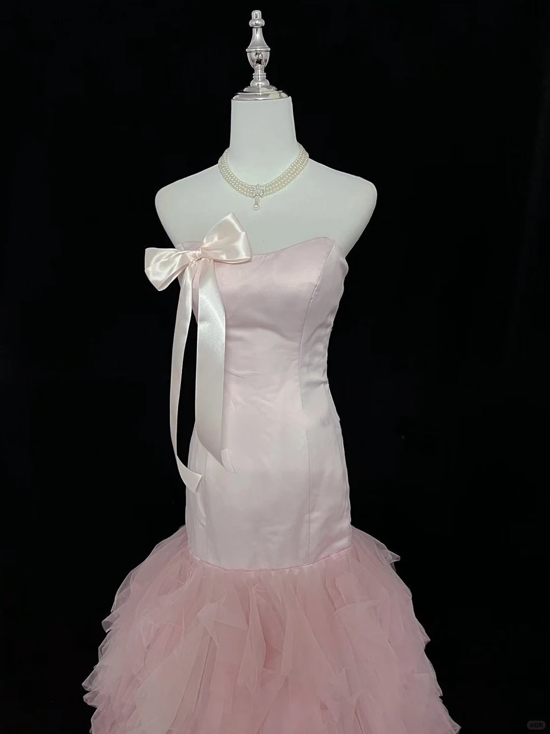 Blush Pink Satin Strapless Cinched Waist Fitted Hip Multi-Layer Skirt Long Romantic Dress, Wedding Gown gh7971