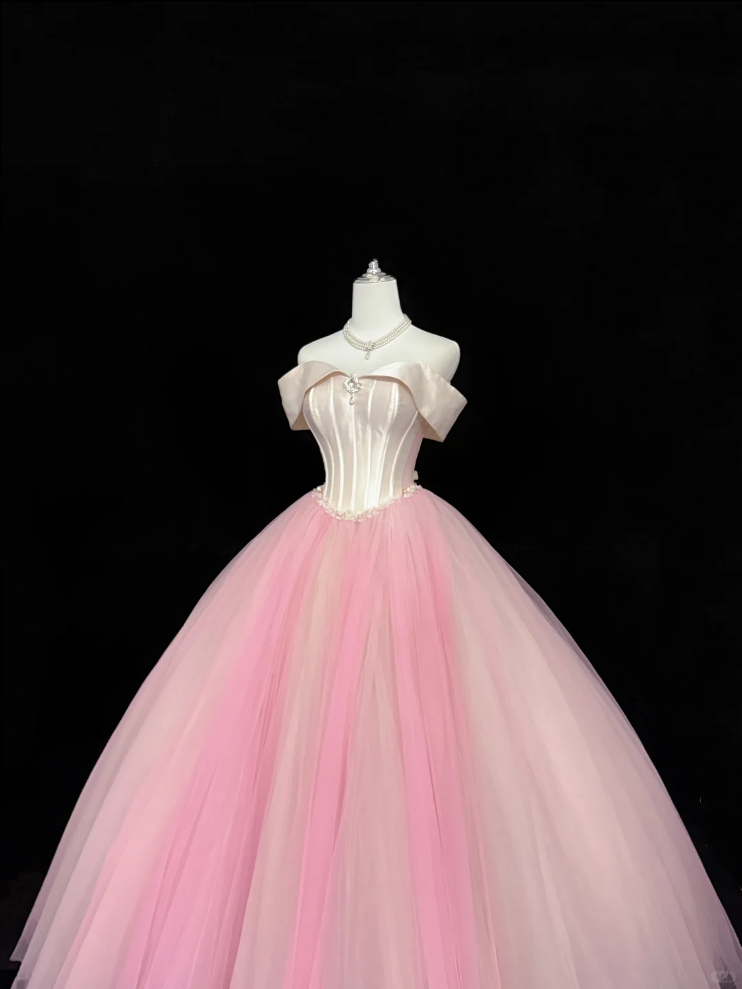 Blush Pink Satin Off-the-Shoulder Cinched Waist Voluminous Tulle Skirt Long Minimalist Elegant Romantic Dress, Wedding Gown gh7846