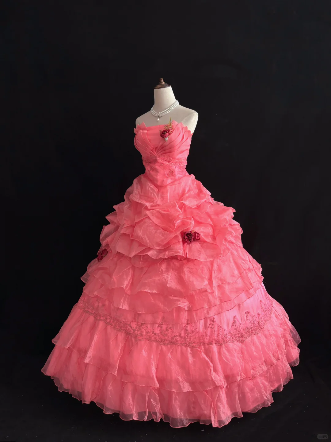 Watermelon Pink Strapless Romantic Gown, Cinched Waist, Fluffy Tiered Cake Skirt, Wedding Dress & Bridal Gown gh8191