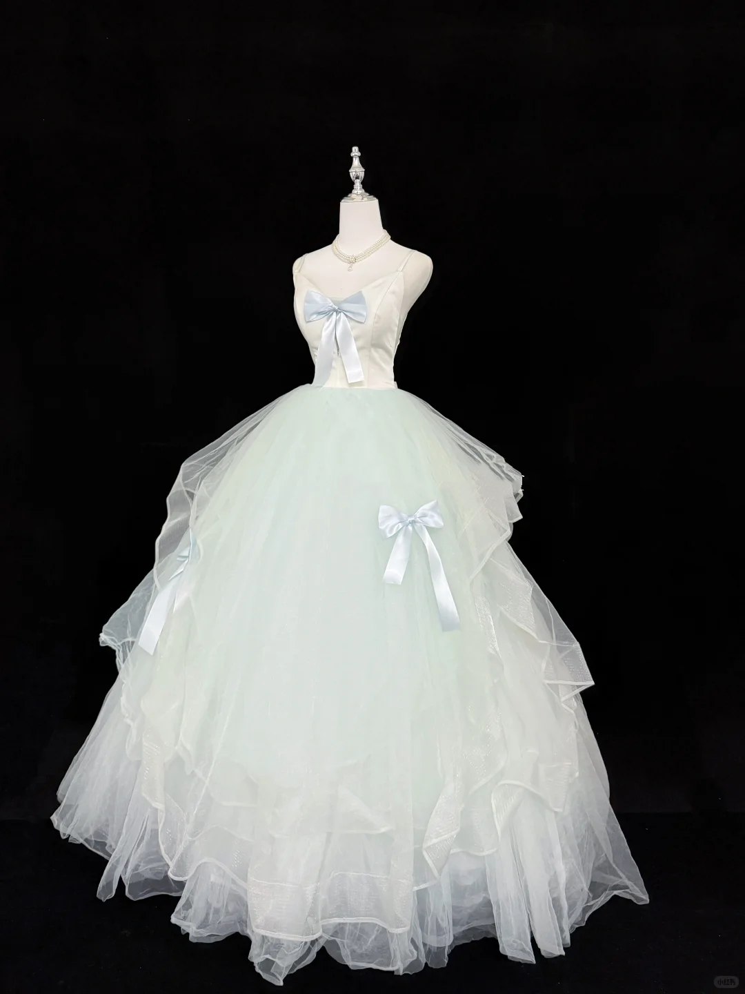 Light Blue Spaghetti Strap Cinched Waist Voluminous Skirt Long Romantic Dress, Wedding Gown gh7883