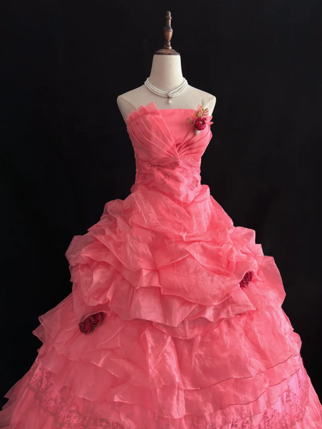 Watermelon Pink Strapless Romantic Gown, Cinched Waist, Fluffy Tiered Cake Skirt, Wedding Dress & Bridal Gown gh8191