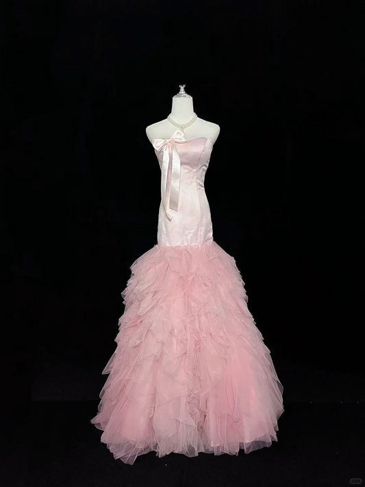 Blush Pink Satin Strapless Cinched Waist Fitted Hip Multi-Layer Skirt Long Romantic Dress, Wedding Gown gh7971