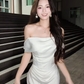 White Off-Shoulder Waist-Cinched Fitted Minimalist Elegant Evening Dress, Fairy Gown, Romantic Gown gh7479