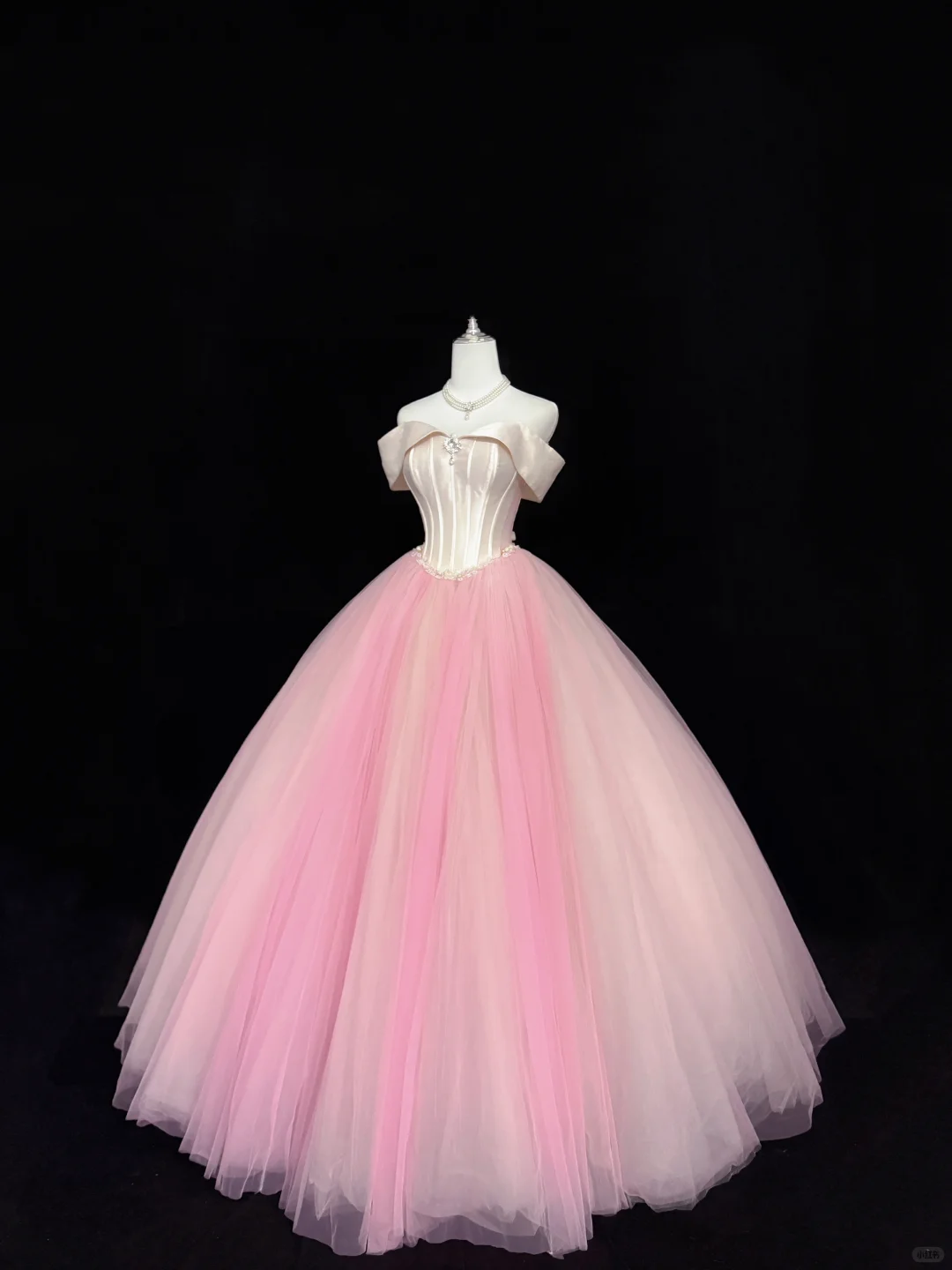 Blush Pink Satin Off-the-Shoulder Cinched Waist Voluminous Tulle Skirt Long Minimalist Elegant Romantic Dress, Wedding Gown gh7846