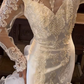 White Vintage Mermaid Wedding Gown, High Neck Illusion Long Sleeve Lace Beaded Appliqué Ruffled Tulle Train Bridal Dress gh9065