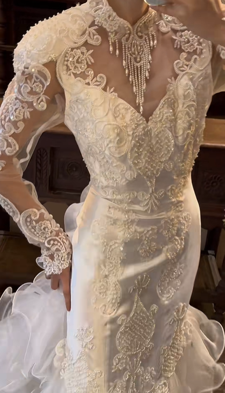White Vintage Mermaid Wedding Gown, High Neck Illusion Long Sleeve Lace Beaded Appliqué Ruffled Tulle Train Bridal Dress gh9065