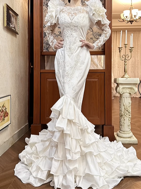 White Vintage Satin Mermaid Wedding Prom Dress, Bateau Neck Illusion Sweetheart, 3D Floral Shoulder, Single Lace Long Sleeve, Multi‑Tier Ruffled Cake Train gh8687