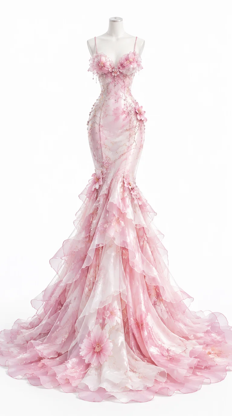 ✨Girlhomeshops-Pink Sweetheart Mermaid Evening Dress with 3D Floral Appliques & Ruffle Hem gh10307
