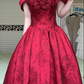 Burgundy Jacquard Strapless Ball Gown, 3D Fabric Rose Appliqué Bodice Voluminous A‑Line Floor‑Length Formal Prom Dress gh8976