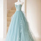 Green Lace Tulle A-Line Long Formal Dress, Green Strapless Evening Dress gh2581