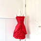 Red Satin Spaghetti Strap Short Cocktail Dress, Pleated Bodice Rhinestone Waist Ornament Overlay Skirt Homecoming Party Gown gh9232