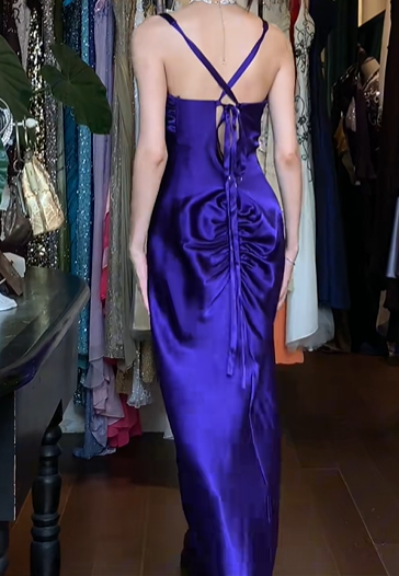 Purple Vintage Prom Dress Double Spaghetti Straps V Neck Rhinestone Beaded Satin Long Evening Gown gh9607