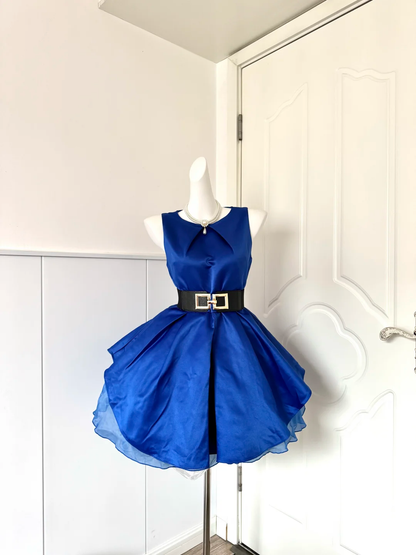 Women Royal Blue Homecoming Dress, Sleeveless Fold‑Over Round Collar, Black Wide Sash With Double Gold Square Buckle, High Waist Voluminous Satin Mini Dress With Tulle Inner Layer For Party gh9243