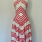 Red White Striped 1950s Vintage Midi Dress, Criss‑Cross Halter Neck Sleeveless Fitted Bodice Gathered Full Swing Skirt Cocktail Gown gh9093