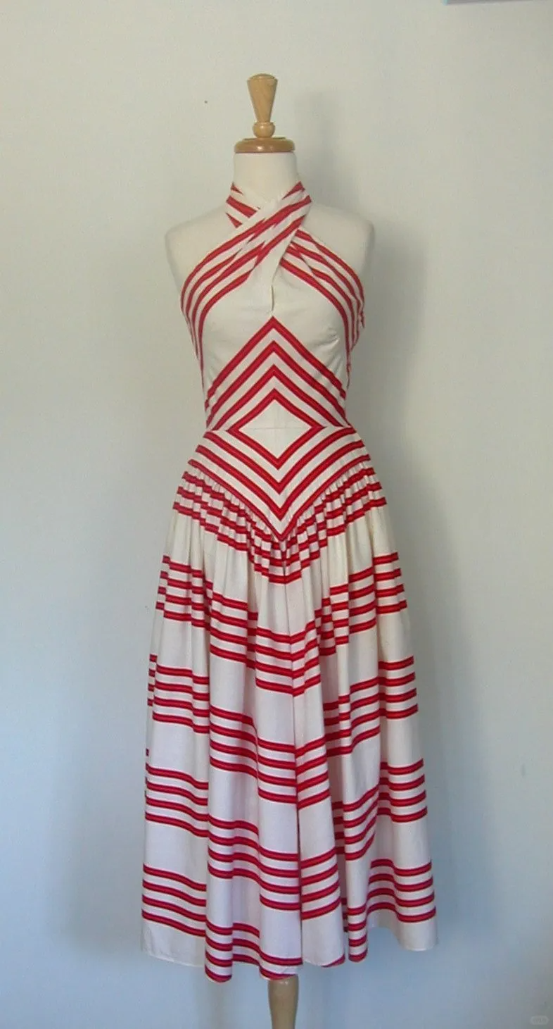 Red White Striped 1950s Vintage Midi Dress, Criss‑Cross Halter Neck Sleeveless Fitted Bodice Gathered Full Swing Skirt Cocktail Gown gh9093