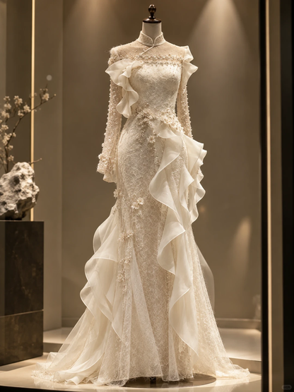 ✨Girlhomeshops-Ivory High Collar Qipao Mermaid Wedding Dress Pearl Beaded Long Sleeve with Ruffles gh10318