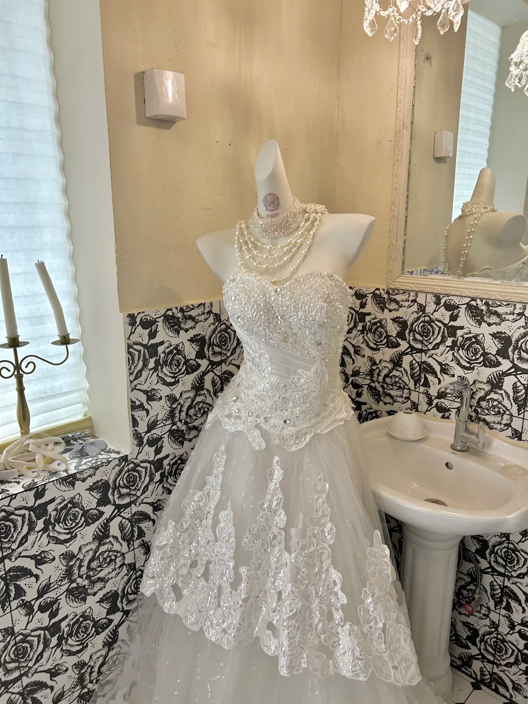 White Strapless Lace Cinched Waist Full Flared Skirt Sexy Elegant Romantic Dress, Wedding Gown gh7794