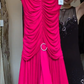 Hot Pink Spaghetti Strap Deep V Front Ruched Asymmetrical Tiered Ruffle Long Evening Prom Dress gh9789