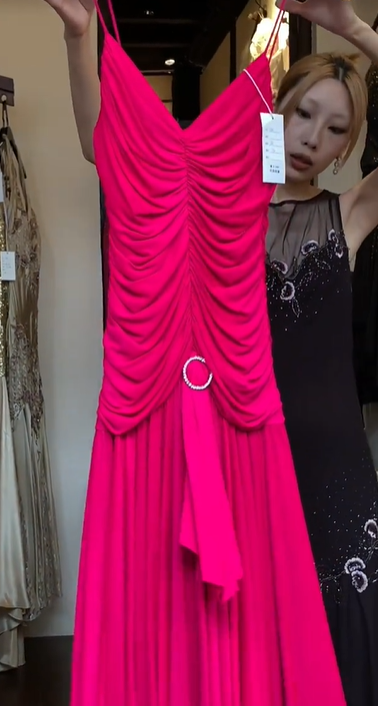Hot Pink Spaghetti Strap Deep V Front Ruched Asymmetrical Tiered Ruffle Long Evening Prom Dress gh9789