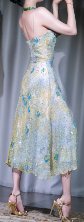 ✨Girlhomeshops-Light Yellow Green Ombre Peacock Pattern Hand Beaded Spaghetti Strap Midi Prom Gown gh10082