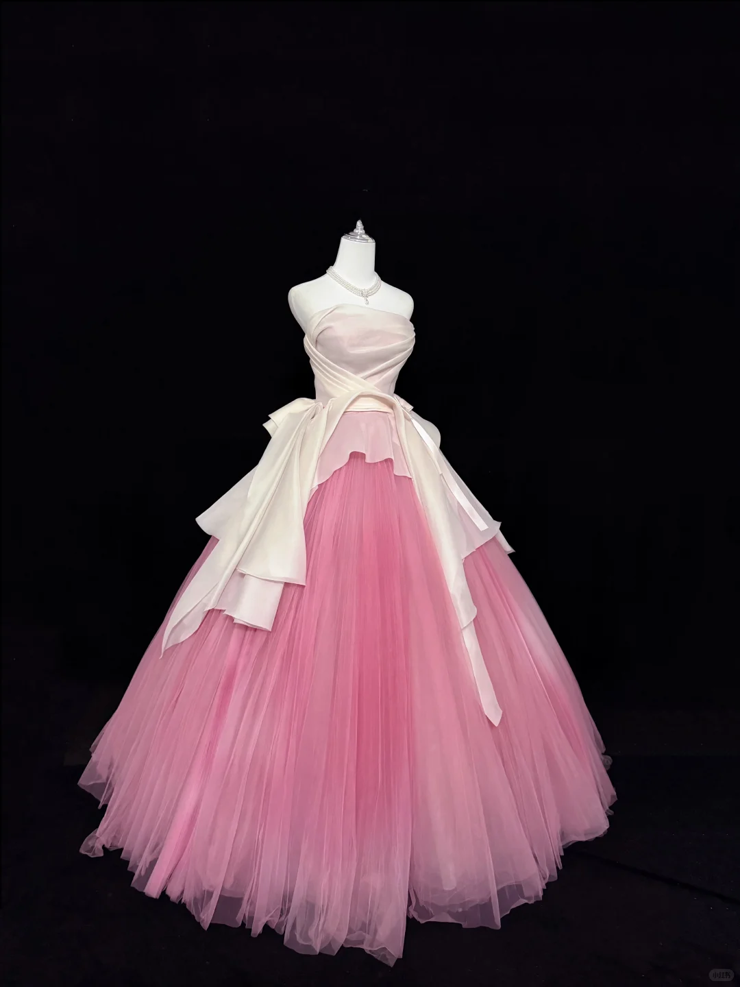 White Strapless Cinched Waist Peach Pink Voluminous Skirt Romantic Dress, Wedding Gown gh7932