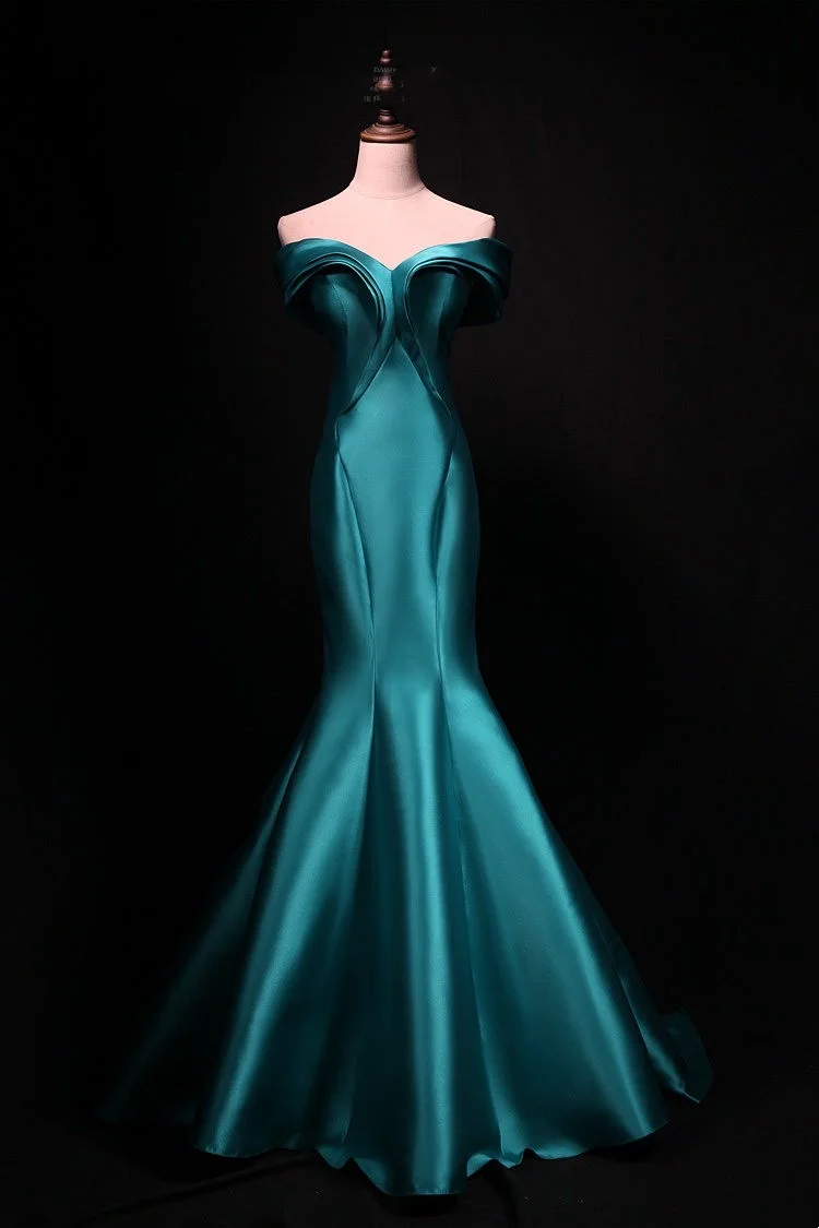 Peacock Green Off-Shoulder Waist-Cinched Fitted Luxury Satin Sexy Long Evening Dress, Fairy Gown, Romantic Gown gh7473