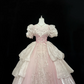 Blush Pink Puff Sleeves Cinched Waist Palace Style Voluminous Skirt Long Romantic Dress, Wedding Gown gh7847