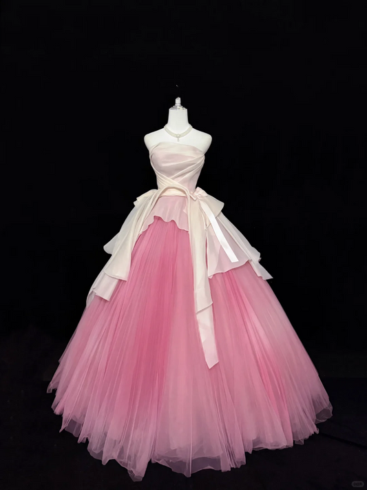 White Strapless Cinched Waist Peach Pink Voluminous Skirt Romantic Dress, Wedding Gown gh7932