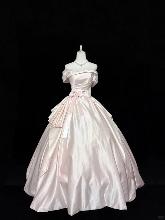 Blush Pink Satin Off-the-Shoulder Cinched Waist Voluminous Princess Skirt Romantic Dress, Wedding Gown gh7884