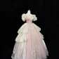 Blush Pink Puff Sleeves Cinched Waist Palace Style Voluminous Skirt Long Romantic Dress, Wedding Gown gh7847