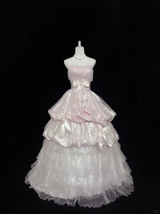 Blush Pink Strapless Cinched Waist Voluminous Elegant Princess Skirt Romantic Dress, Wedding Gown gh8018