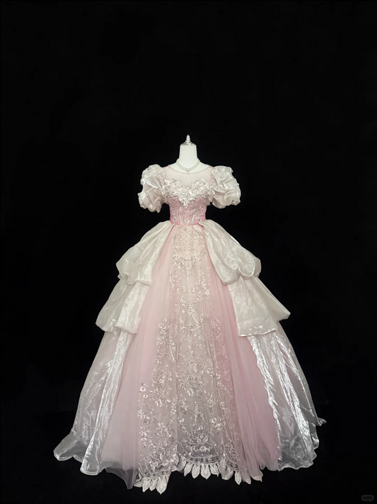 Blush Pink Puff Sleeves Cinched Waist Palace Style Voluminous Skirt Long Romantic Dress, Wedding Gown gh7847