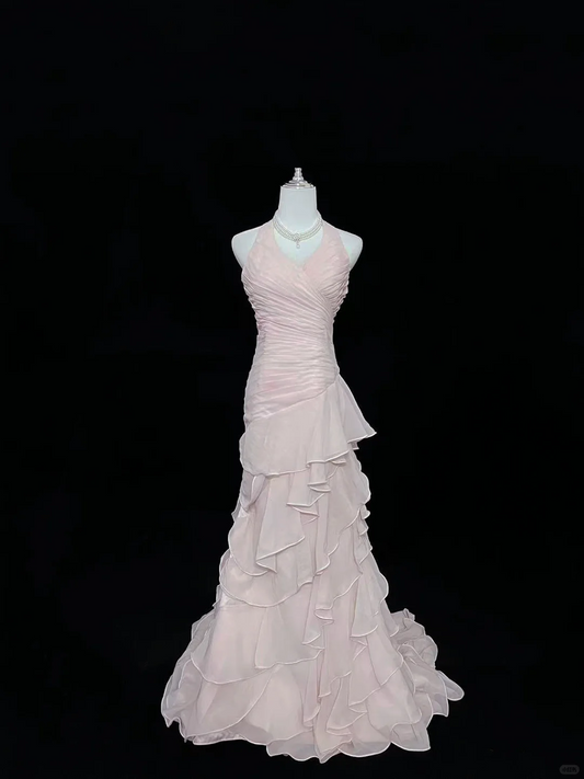Blush Pink Halter Cinched Waist Fitted Ruffle Hem Long Romantic Dress, Wedding Gown gh7972