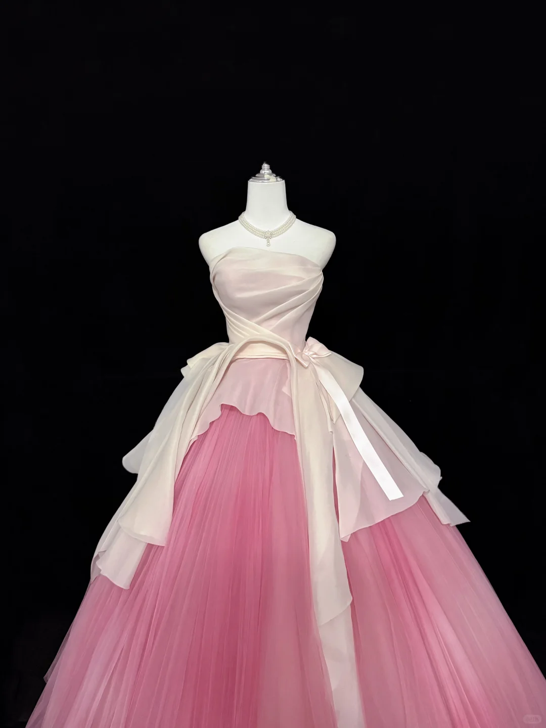 White Strapless Cinched Waist Peach Pink Voluminous Skirt Romantic Dress, Wedding Gown gh7932