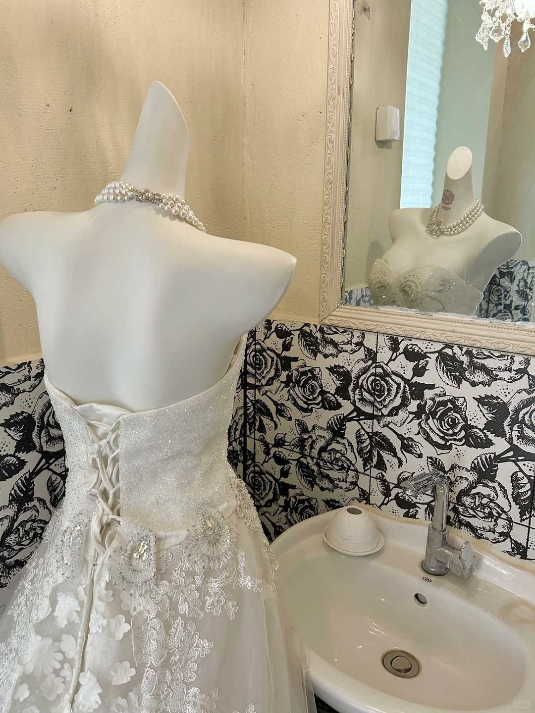 Ivory Strapless Rhinestone Cinched Waist Lace Skirt Long Romantic Dress, Wedding Gown gh7821