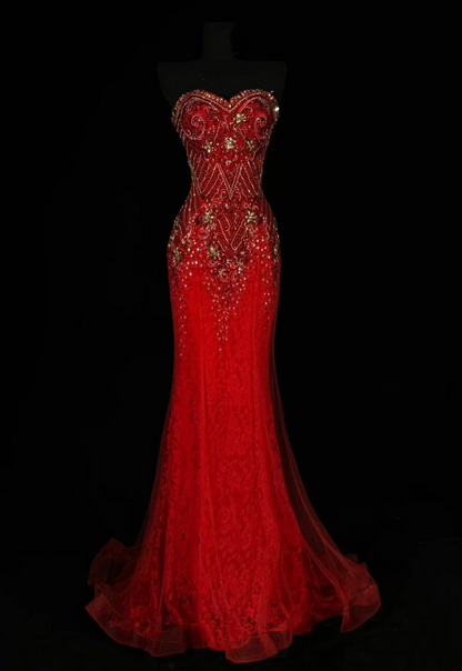 Red Strapless Beaded Waist-Hugging Slim Long Evening Gown for Party & Ball gh7149