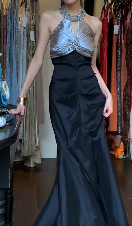 Halter Keyhole Neck Silver Black Two-Tone Satin Ruched Mermaid Long Evening Prom Dress gh9798