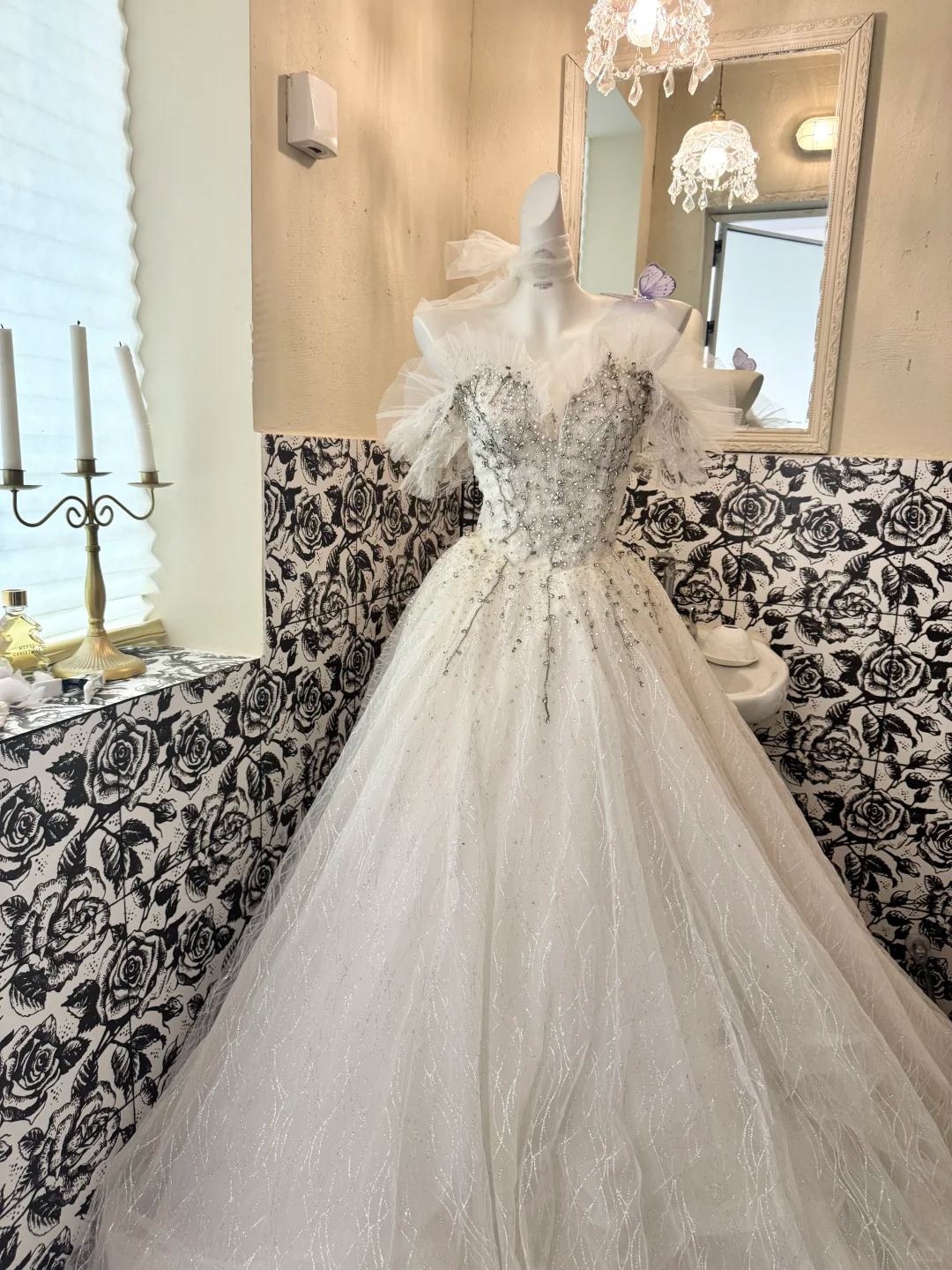 Ivory Strapless Gown with Silver Decorations, Cinched Waist, Voluminous Skirt, Long Romantic Dress, Wedding Gown gh7792