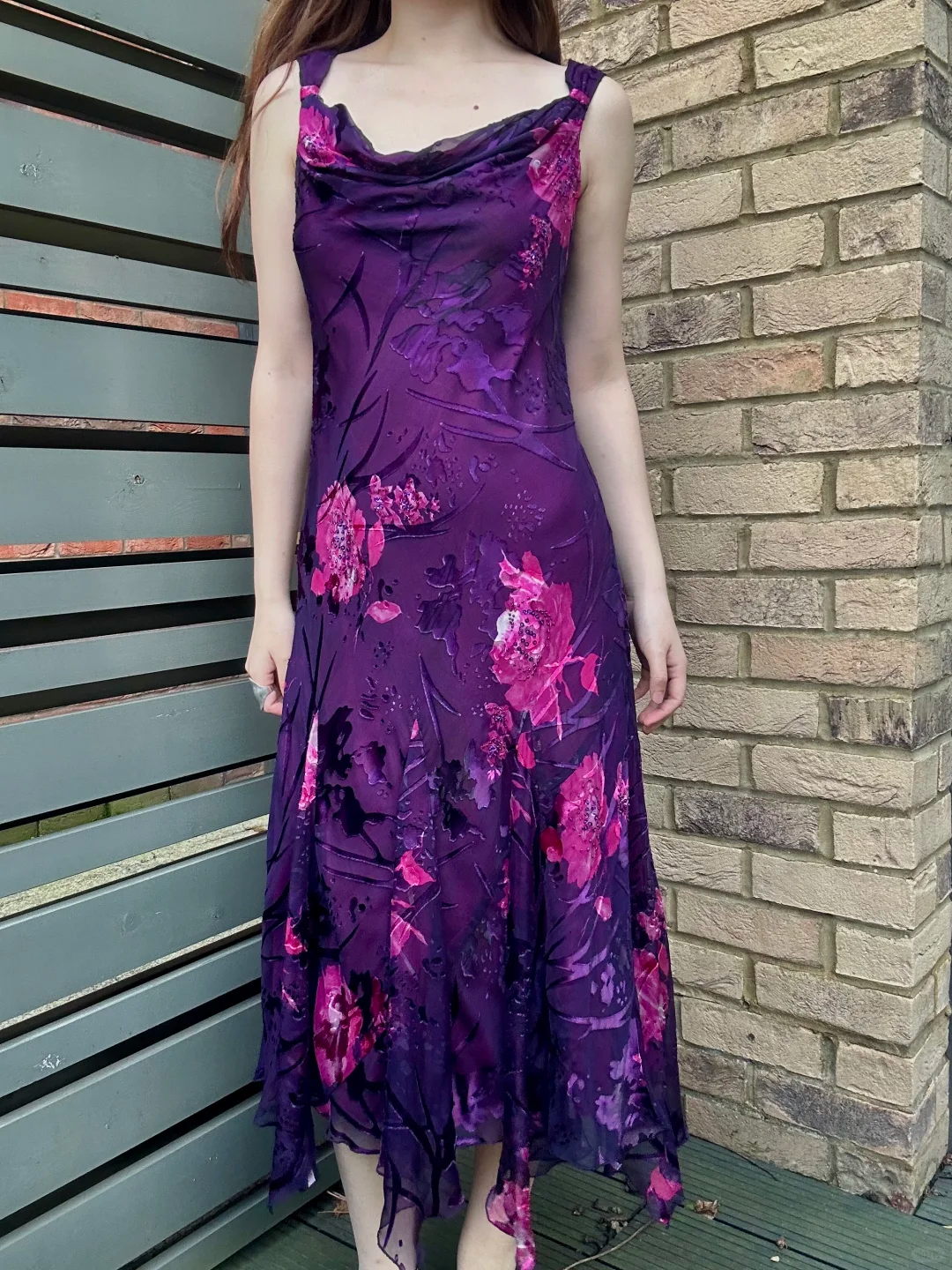 Purple Vintage Printed Cowl Neck Fitted Waist Slim Long Prom & Evening Party Dress gh8441