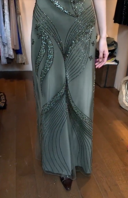Olive Green Spaghetti Strap Square Neck Hand Beaded Sequin Mermaid Long Evening Prom Dress gh9786