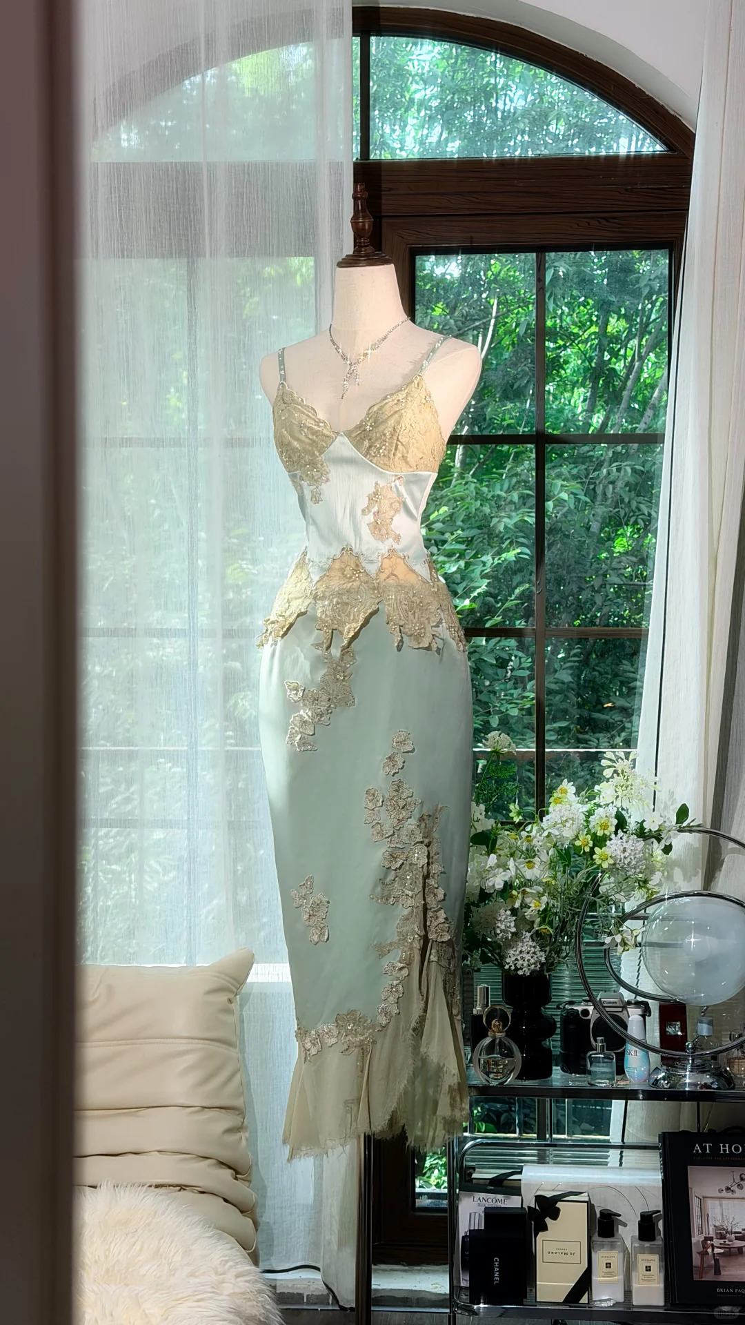 Sage Green Satin Spaghetti Strap Midi Mermaid Evening Dress, Gold Lace Floral Appliques Formal Gown gh9504