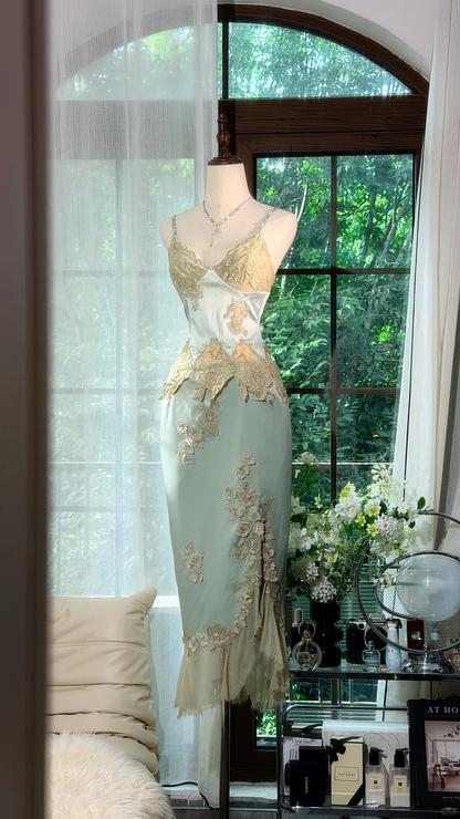 Sage Green Satin Spaghetti Strap Midi Mermaid Evening Dress, Gold Lace Floral Appliques Formal Gown gh9504