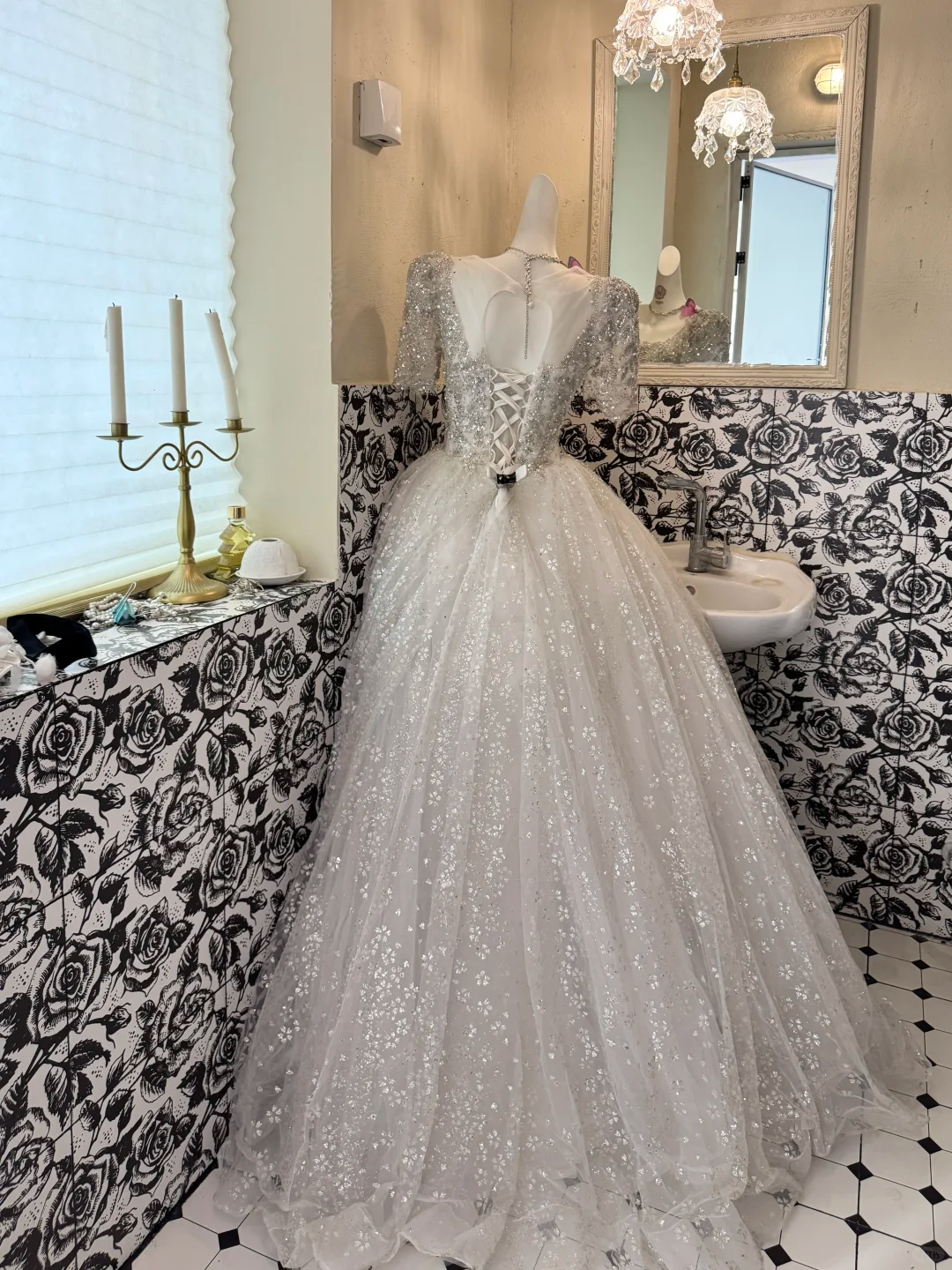 Ivory Wedding Dress with Silver Sequin Decorations, Fairy Princess Full Skirt Romantic Gown, Bridal Gown gh7525